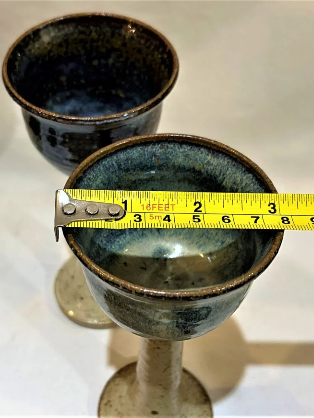 Pair of Studio Art Pottey Drip Glaze Pottery Wine Goblets Artist Signed